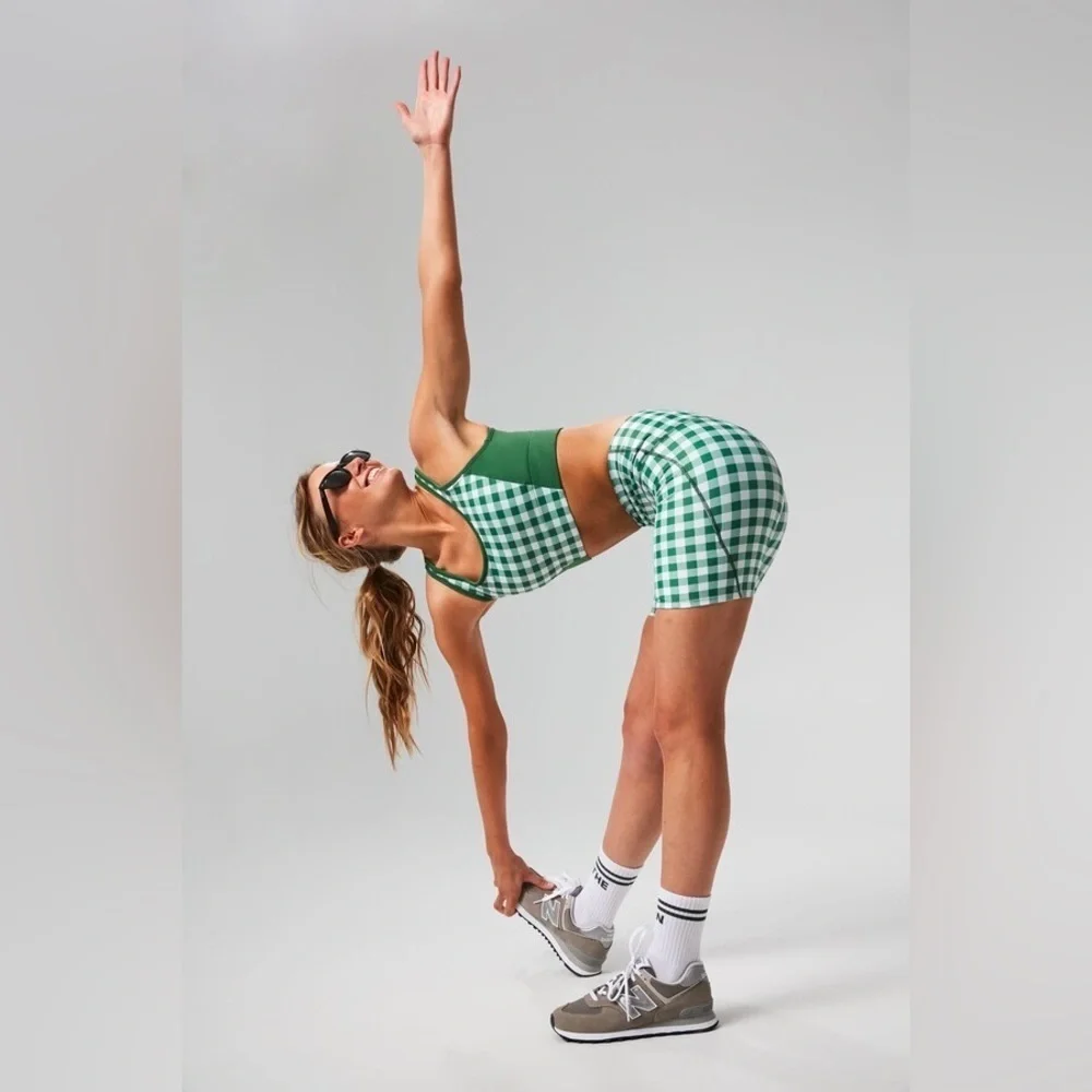 Tuckernuck Trellis Gingham Biker Shorts S NWT Green White 6” High Waist Pockets
